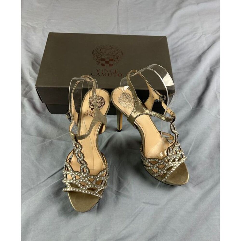 Vince Camuto Cristiana T Strap Sandal Rhinestone Gray Gold Size 8M New w/box